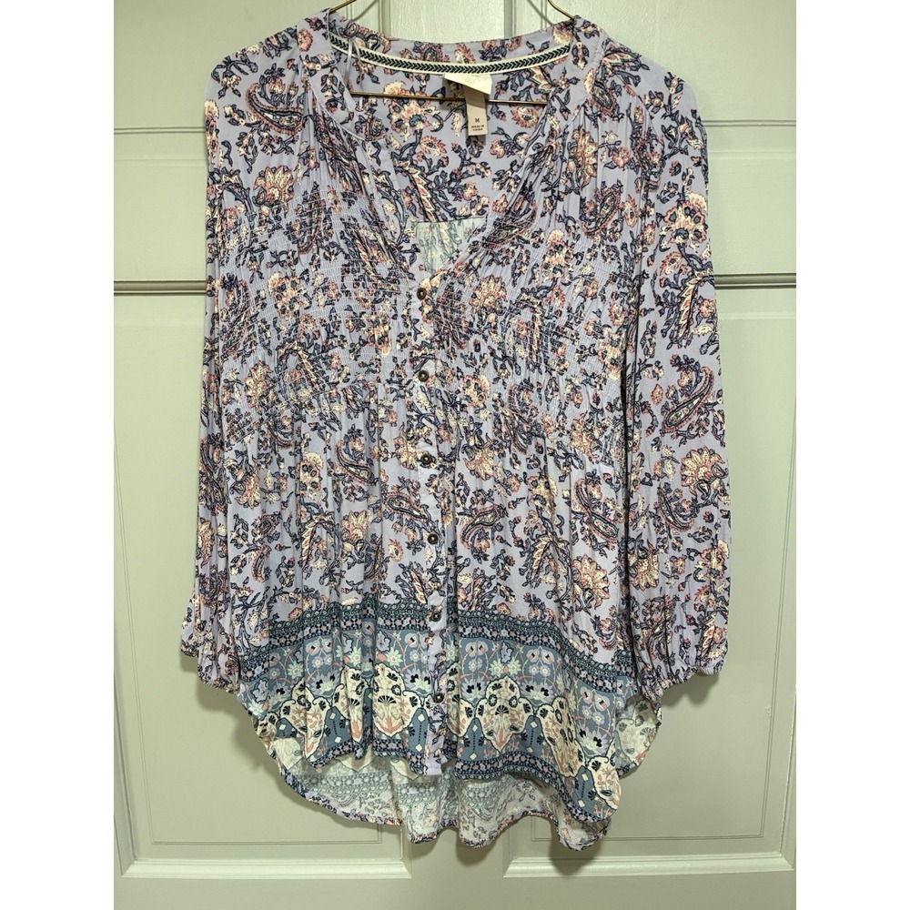 Knox Rose Women's Top Boho V-Neck Button Up Blouse M Floral Flowy 3/4 Sleeves